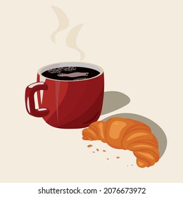 
vector illustration. A cup of strong coffee and a croissant. Breakfast .