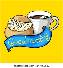 Vector illustration with cup and swedish roll with cream on yellow background