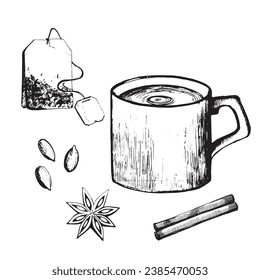 Ilustración vectorial. Taza de té, bolso de té, especias, cardamomo, anís estrellado, canela dibujada en vector en negro sobre fondo blanco. Cocina, comedor, diseño y creatividad.