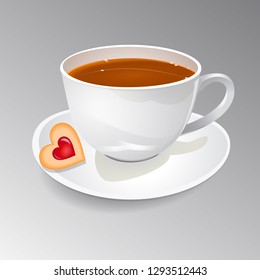 Vector illustration of a cup of tea with biscuit in the shape of a heart with jam. 