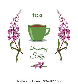 Vector illustration with a cup of tea and blooming Sally on a white isolated background. For decorating packages, logos, menus, web designs.