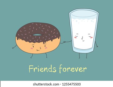 Vector illustration of cup of tea and cake in comic cartoon style.  Funny characters and hand drawn qoute Friend forever