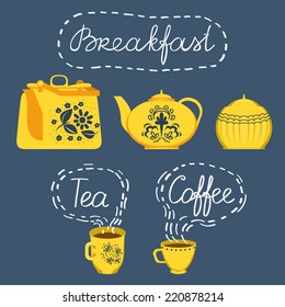 Vector illustration with a cup of tea, a cup of coffee and a bowl of cereal. Bright yellow table set. Can be useful for a fun atmosphere in the kitchen or website with recipes!