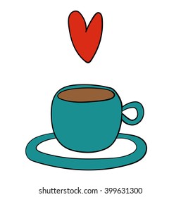 Vector illustration of a cup of tea or coffee in a blue or teal cup and saucer with a red heart floating above it