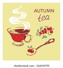 Vector illustration. Cup of tea with cowberries.