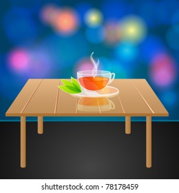 Vector illustration of cup of tea and green leaves on table with colorful glowing background