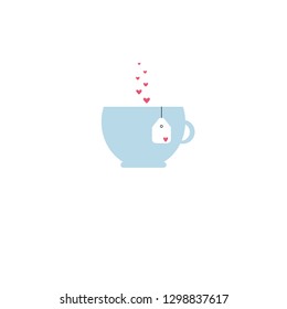 Vector illustration with cup of tea, hearts. Happy Valentine's Day. Design for party banner, card, poster or print.