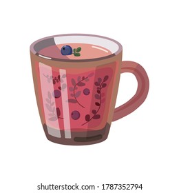 Vector illustration of a cup of tea with herbs in cartoon style. Leaves of forest herbs and berries are brewed with milk in a transparent mug.