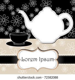 Vector illustration of cup of tea and kettle on floral background