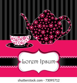 Vector illustration of cup of tea and kettle on floral background