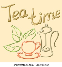 Vector illustration with cup, tea leaves,  french press and lettering. Suitable for card, napkin or menu cafe