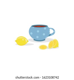 Vector illustration. Cup with tea and lemon on a white isolated background. Template for packaging, logo, web design.