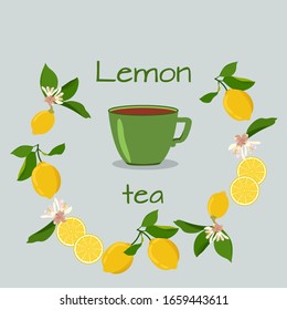 Vektorillustration mit einer Tasse Tee und Zitrone auf isoliertem Hintergrund.  