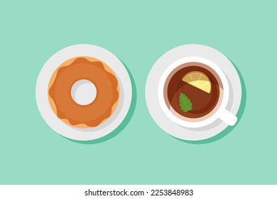 Ilustración vectorial de una taza de té con limón y menta y un donut caramelo. Vista superior de una mesa en un café. Desayuno, tentempiés dulces. Temporada cálida en otoño. Té caliente con alma.