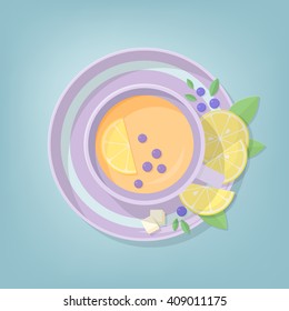 Vector illustration with the cup of tea with lemon slices, berries, sugar and leaves. top view of cup with tea.