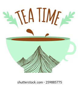 Vector illustration with cup of tea with mountains. Tea time