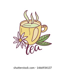 Vector illustration of a cup of tea on a white background in Doodle cartoon style. Hand drawn illustration