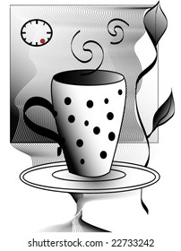 vector illustration of cup of tea on background. b&w
