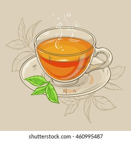 vector illustration with cup of tea on brown background