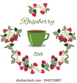 Vector illustration with a cup of tea and raspberries on an isolated white background. For decorating packages, logos, menus, web designs.