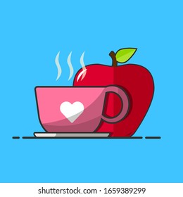 Ilustración vectorial una taza de té y manzana roja aislada en fondo azul