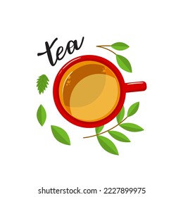 Vector illustration of cup of tea with sign tea on white background.