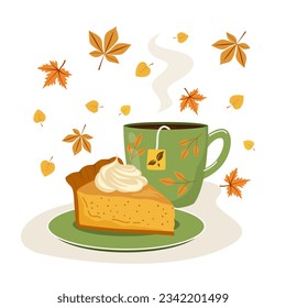 Vector illustration of a cup of tea, a slice of pumpkin pie and autumn falling leaves on a white background. Autumn banner, postcard. Image for prints.