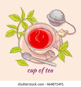 vector illustration with cup of tea, tea spoon and tea-strainer on color background