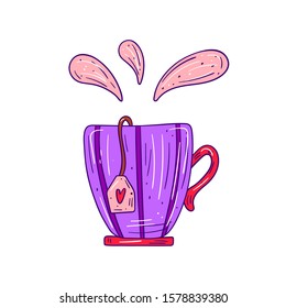 Vector illustration of a cup of tea with 
steam and tea bag label - Hand drawn isolated object in romantic style on white background - Design for print, sticker, decoration