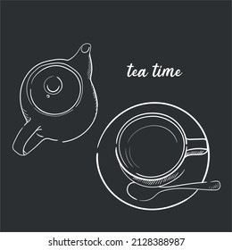 Ilustración vectorial con una taza de té y un bosquejo dibujado a mano en tetera