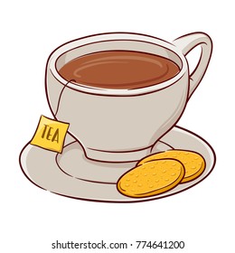 Vector illustration of a cup of tea with two biscuits on a saucer