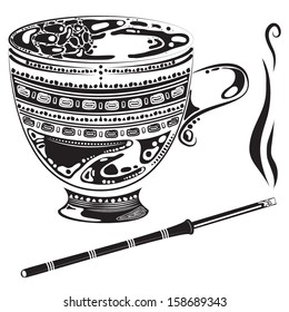 Vector illustration of a cup of tea/coffee in a whimsical tattoo ornamental style with a cigarette 