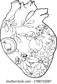 ilustración vectorial taza con té, flores y una rama con manzanas en el fondo del corazón, día del corazón, doodle