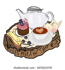 Vector illustration of a cup, teapot, dessert, fruit. Cakes and hot drinks on wood isolated Blank for designers, postcards, wallpaper, coffee shop icon