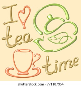 Vector illustration with cup, teapot and text I love tea time. Suitable for card, napkin or complimentary
