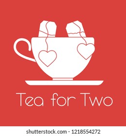 Vector illustration with cup, two tea bags with hearts. Tea for two. Happy Valentine's Day.