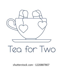 Vector illustration with cup, two tea bags with hearts. Tea for two. Happy Valentine's Day.