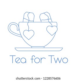 Vector illustration with cup, two tea bags with hearts. Tea for two. Happy Valentine's Day.