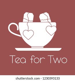 Vector illustration with cup, two tea bags with hearts. Tea for two. Happy Valentine's Day.