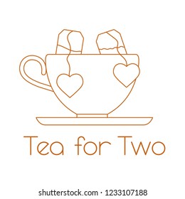 Vector illustration with cup, two tea bags with hearts. Tea for two. Happy Valentine's Day.