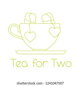 Vector illustration with cup, two tea bags with hearts. Tea for two. Happy Valentine's Day.