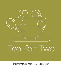 Vector illustration with cup, two tea bags with hearts. Tea for two. Happy Valentine's Day.