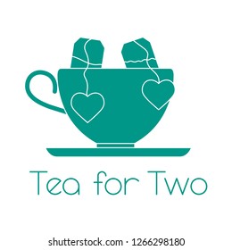 Vector illustration with cup, two tea bags with hearts. Tea for two. Happy Valentine's Day.