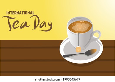 vector illustration of a cup of warm tea on a wooden table, template, banner and poster of International Tea Day