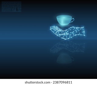 Vector illustration of a cup with water with mirror reflection in neon light. Transparent cup with a drop of water on a dark blue background with mirror reflection.