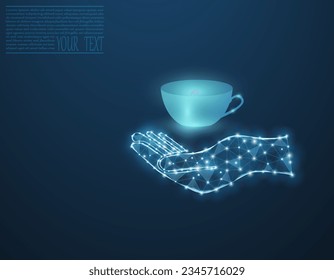 Vector illustration of a cup with water in neon light. Transparent cup with a drop of water on a dark blue background.