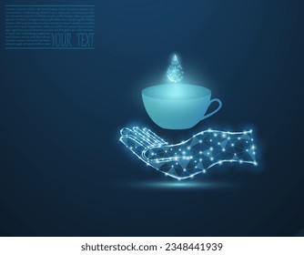 Vector illustration of a cup with water in neon light. Transparent cup with a drop of water on a dark blue background.