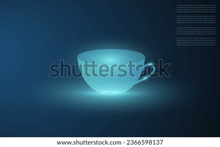 Vector illustration of a cup with water in neon light. Transparent cup with a drop of water on a dark blue background.
