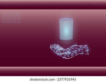Vector illustration of a cup with water on a hand in neon light. Transparent cup with a drop of water on a burgundy background.