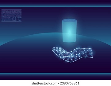 Vector illustration of a cup with water on a hand in neon light. Transparent cup with a drop of water on a dark blue background.